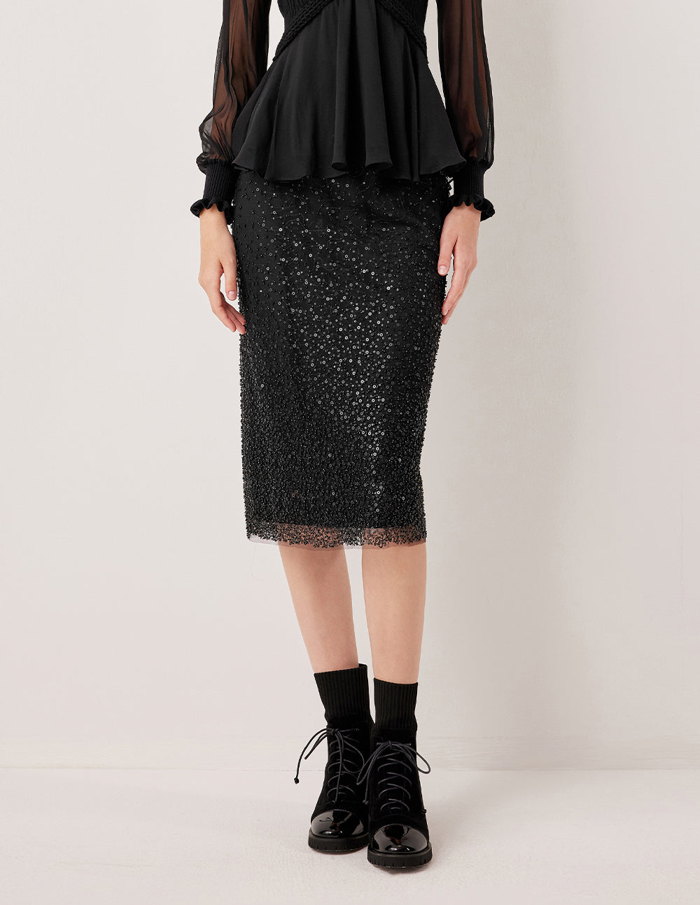 MARYLING Black Shiny Double-Layer High-Waisted Straight Skirt