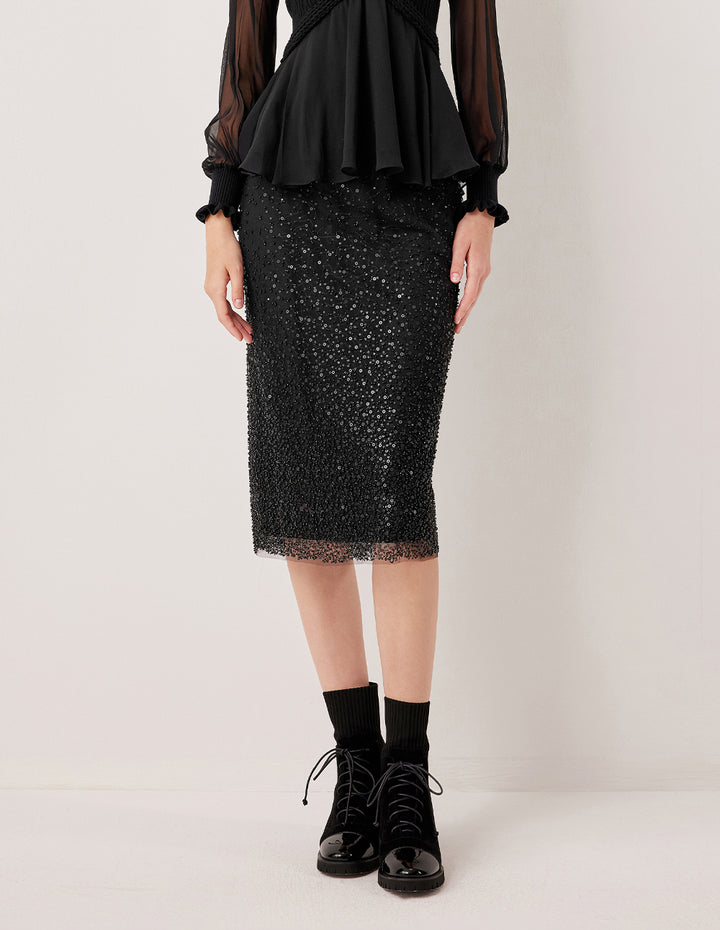 MARYLING Black Shiny Double-Layer High-Waisted Straight Skirt