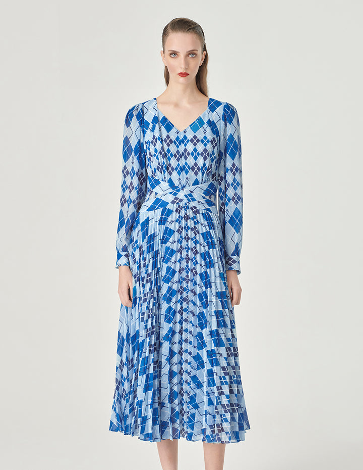 MARYLING Blue And White Diamond Plaid V-Neck A-Hem Dress