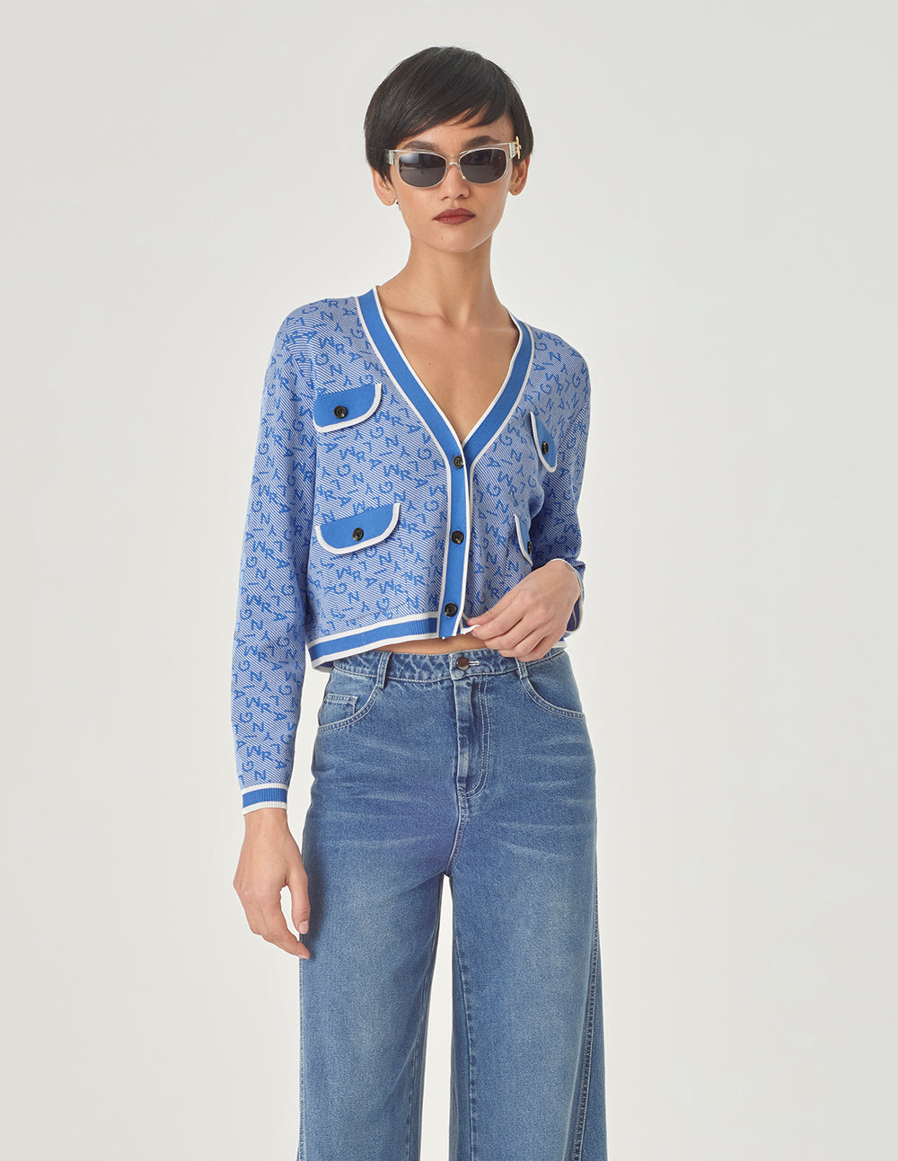 MARYLING Denim Blue V-Neck Jacquard Knitted Cardigan