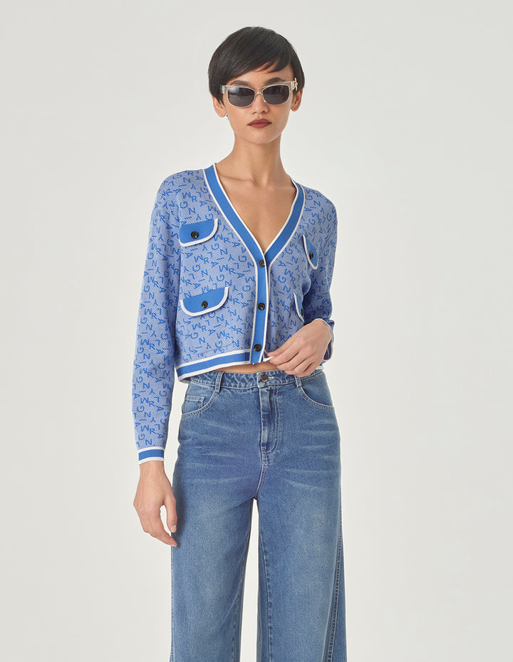 MARYLING Denim Blue V-Neck Jacquard Knitted Cardigan