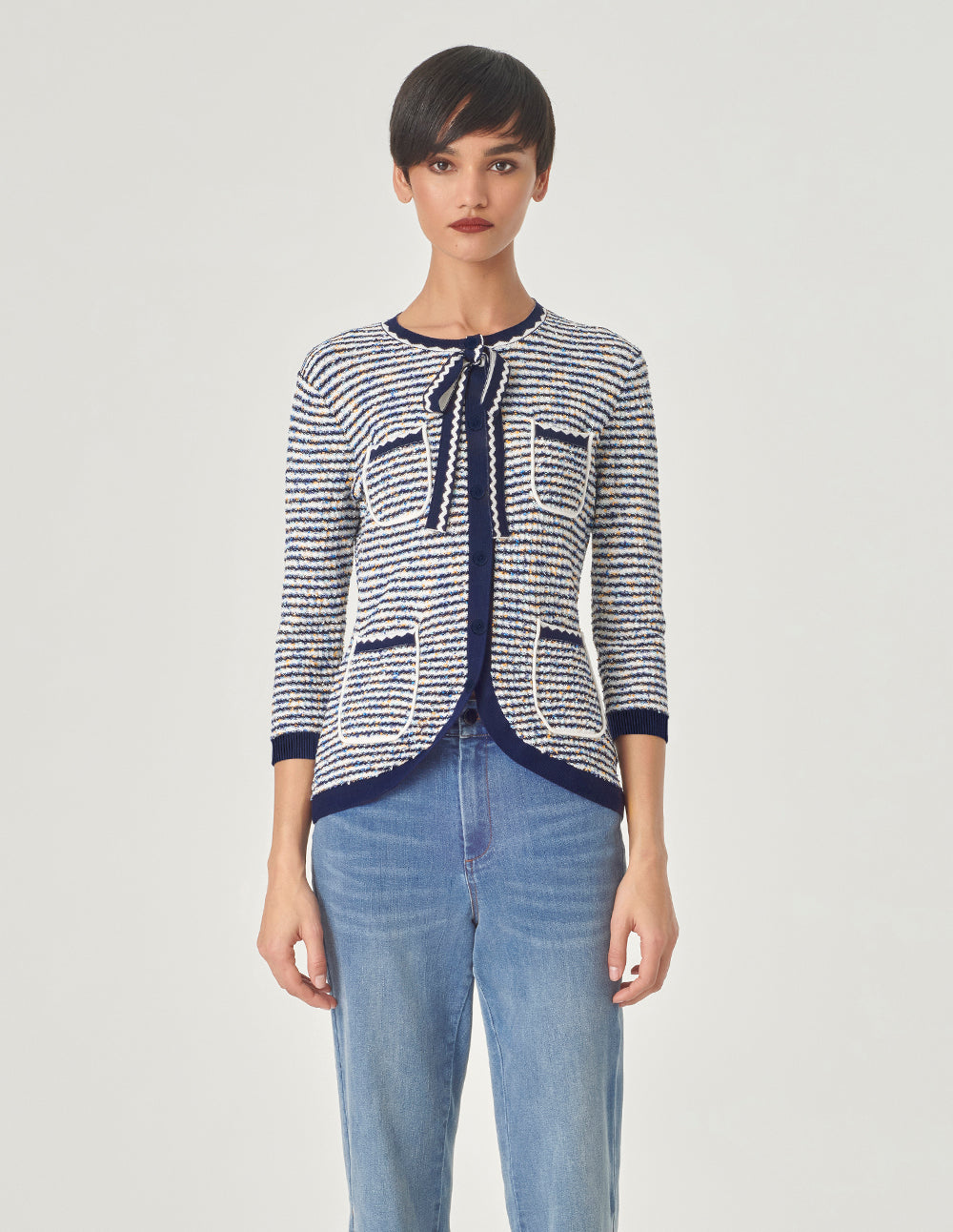 MARYLING Blue And White Striped Ribbons Knitted Cardigan