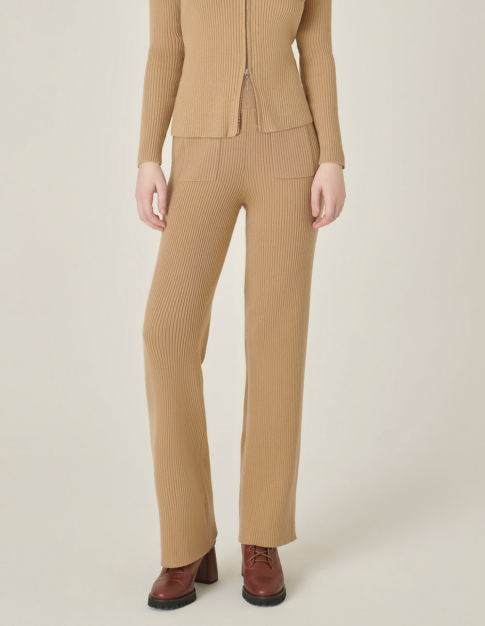 MARYLING Straight Wide-Leg Apricot Pocket Knitted Trousers