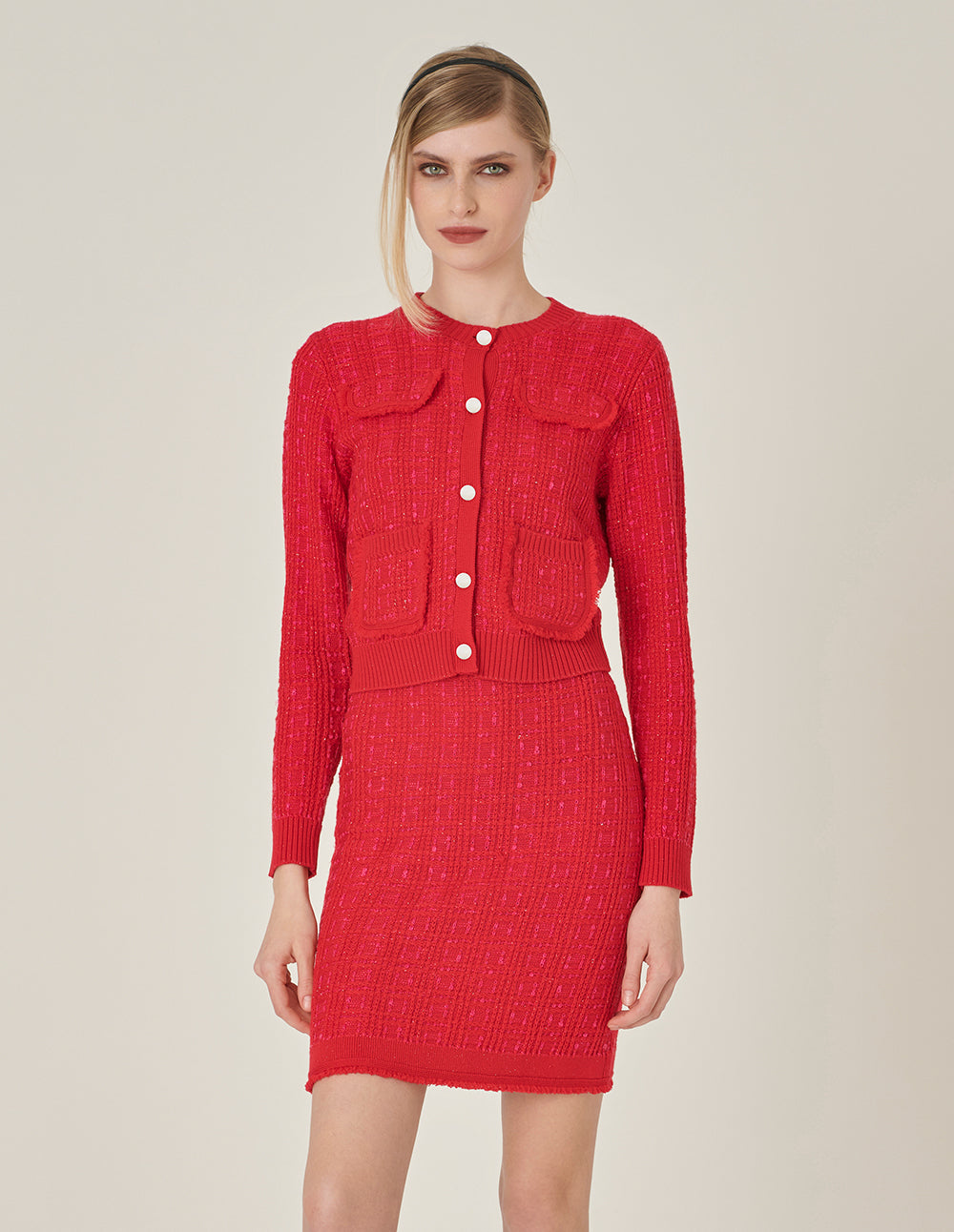 MARYLING Red Round Collar Knit Cardigan