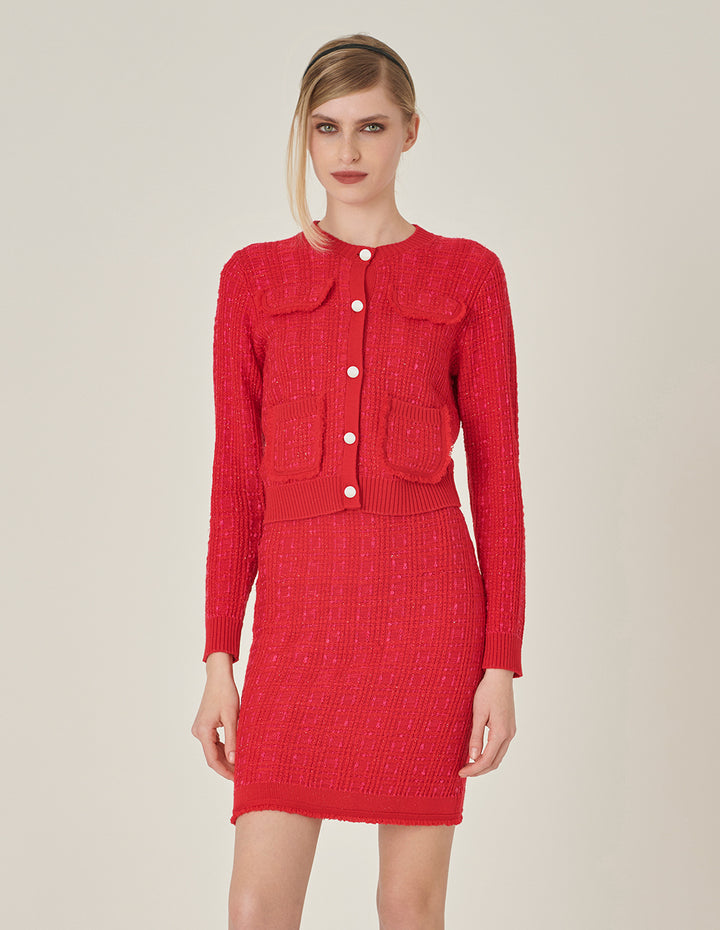 MARYLING Red Round Collar Knit Cardigan