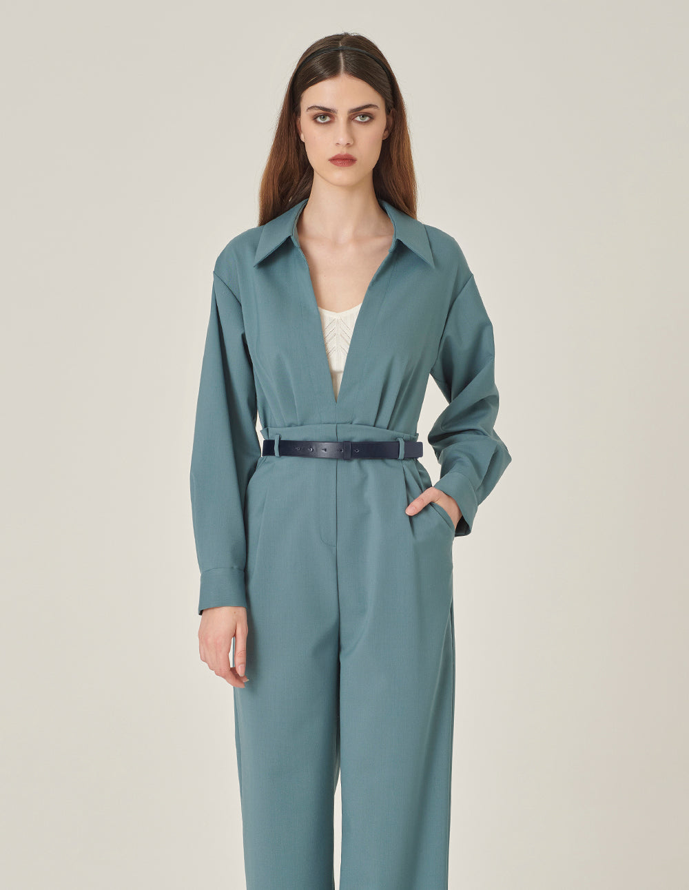 MARYLING Mist Blue Deep V Shirt Collar Wide Leg Jumpsuit