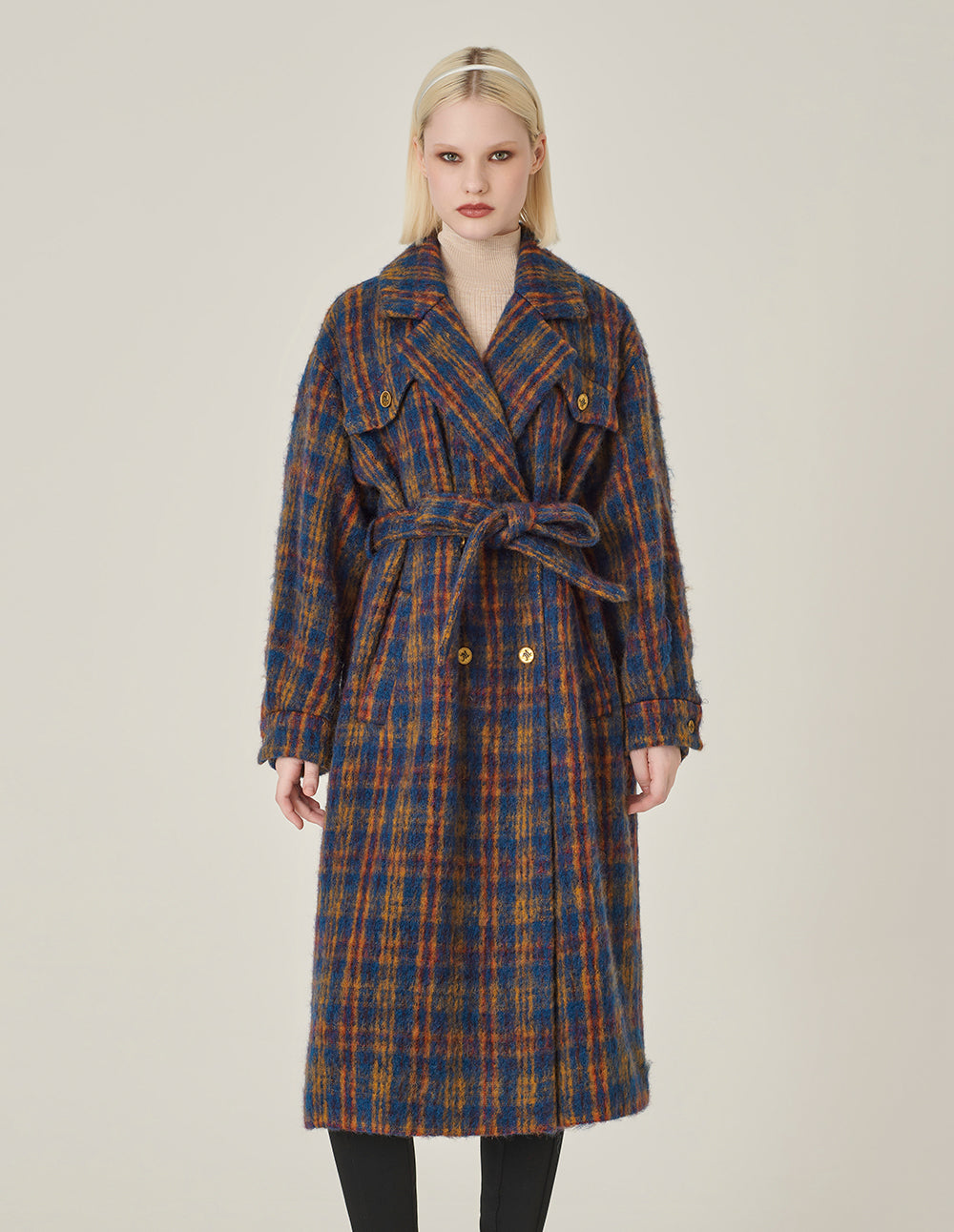 MARYLING Lapel Double-Breasted Red & Blue Plaid H-Shaped Coat