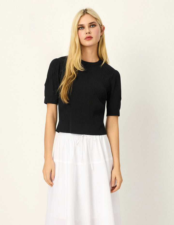 MARYLING Crew Neck Ribbed Short-Sleeve Knit Top