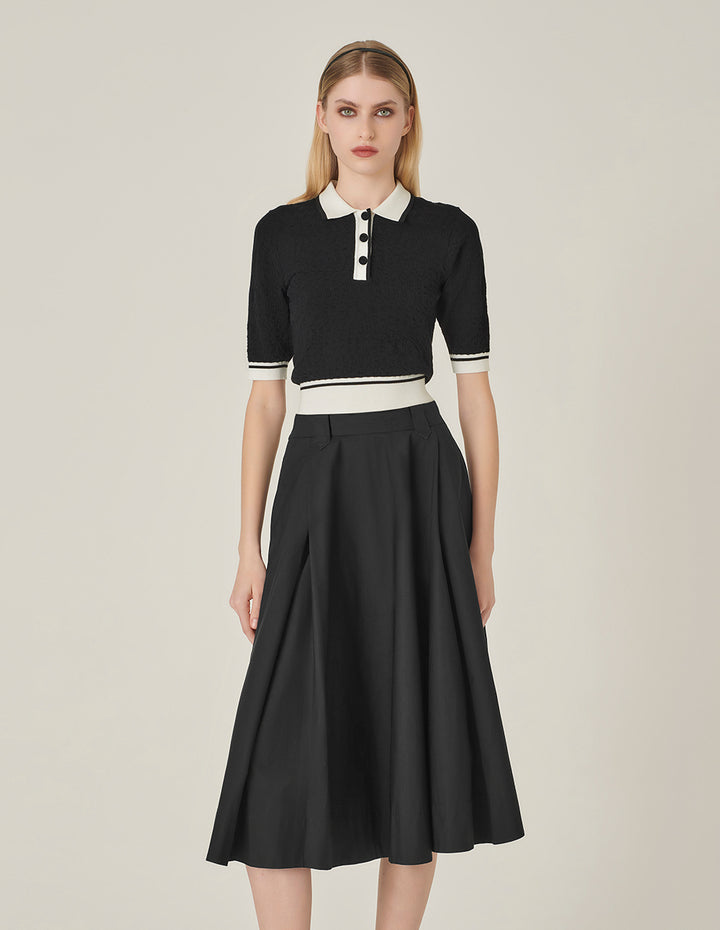 MARYLING Black And White Contrasting Short-Sleeved Polo Collar Knitted Pullover