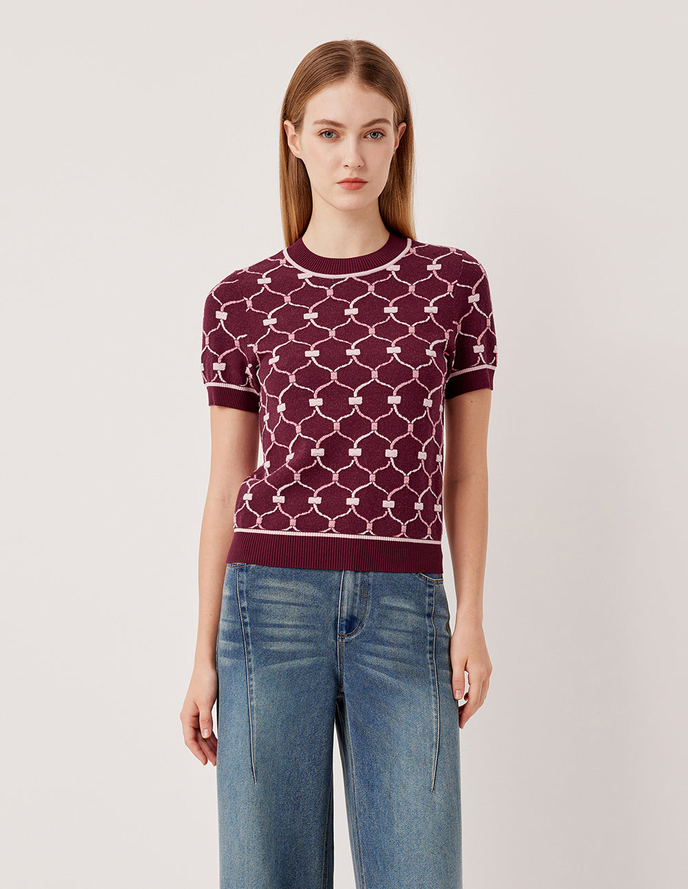 MARYLING Round Neck Short-Sleeve Woven Knitted Top