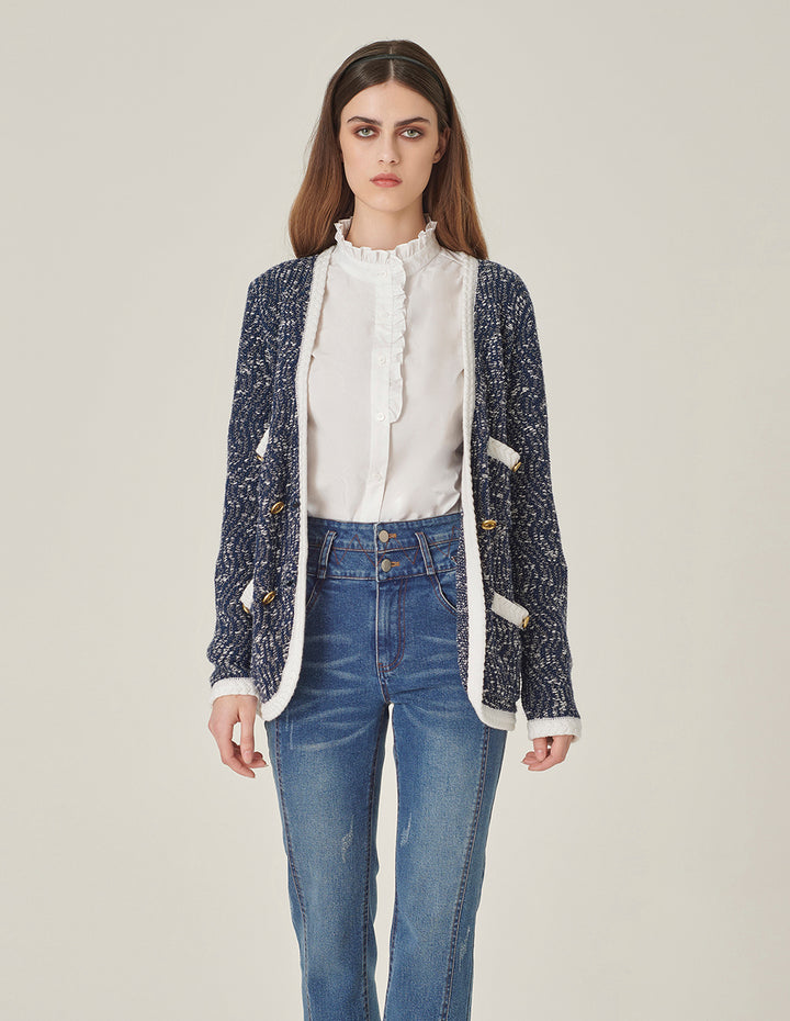 MARYLING Tweed Multi-Pocket V-Neck Knitted Cardigan