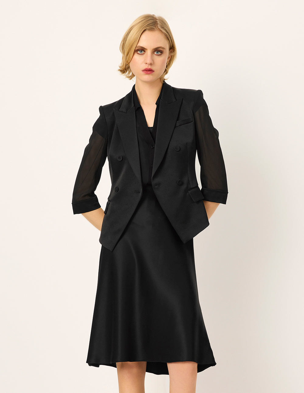 MARYLING Peaked-Collar Padded shoulder See-Through 3/4 Sleeve Blazer