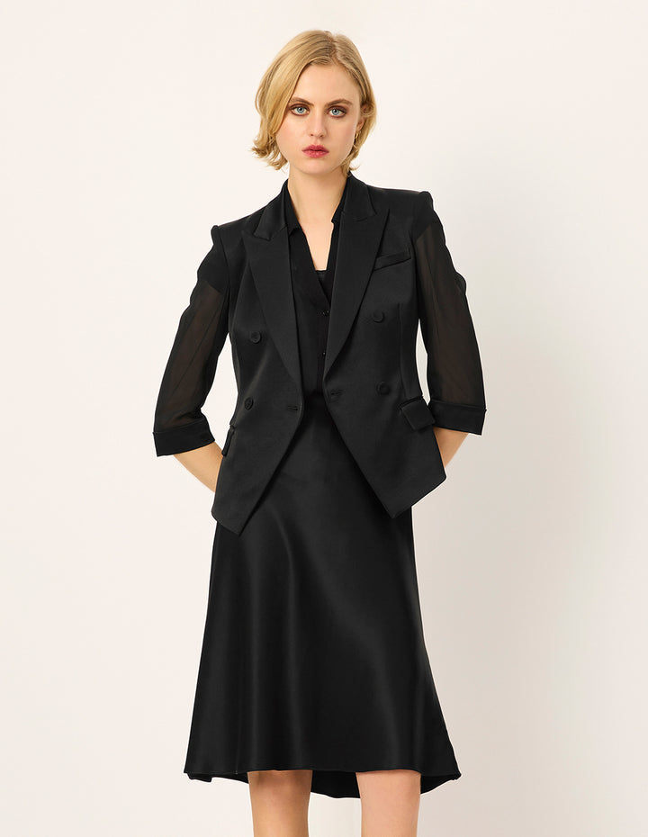 MARYLING Peaked-Collar Padded shoulder See-Through 3/4 Sleeve Blazer