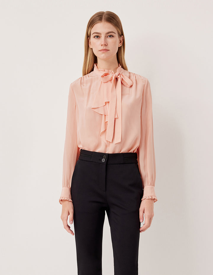 MARYLING Bowknot Ruffled Stand Collar Long Sleeve Mulberry Silk Blouse