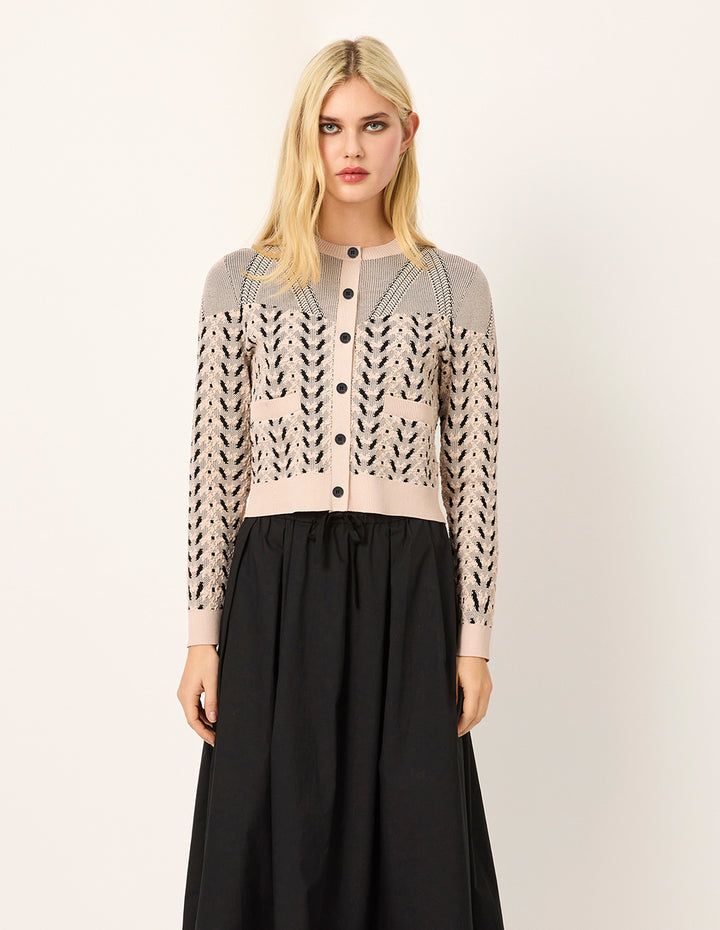 MARYLING Round Neck Geometric Print Long Sleeve Knit Cardigan