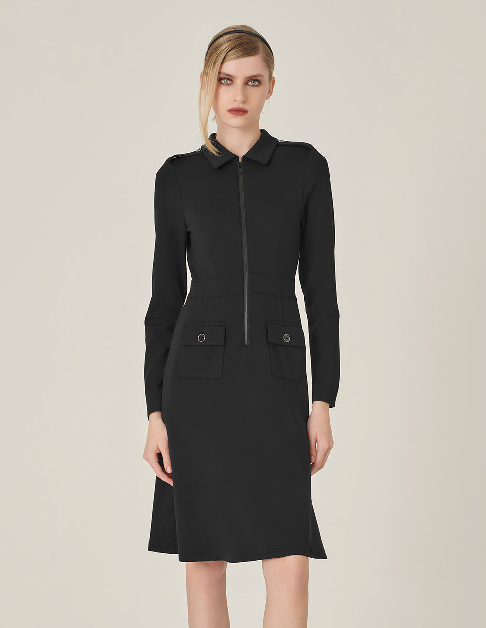 MARYLING Shirt Collar Long-Sleeve Shift Knitted Midi Dress