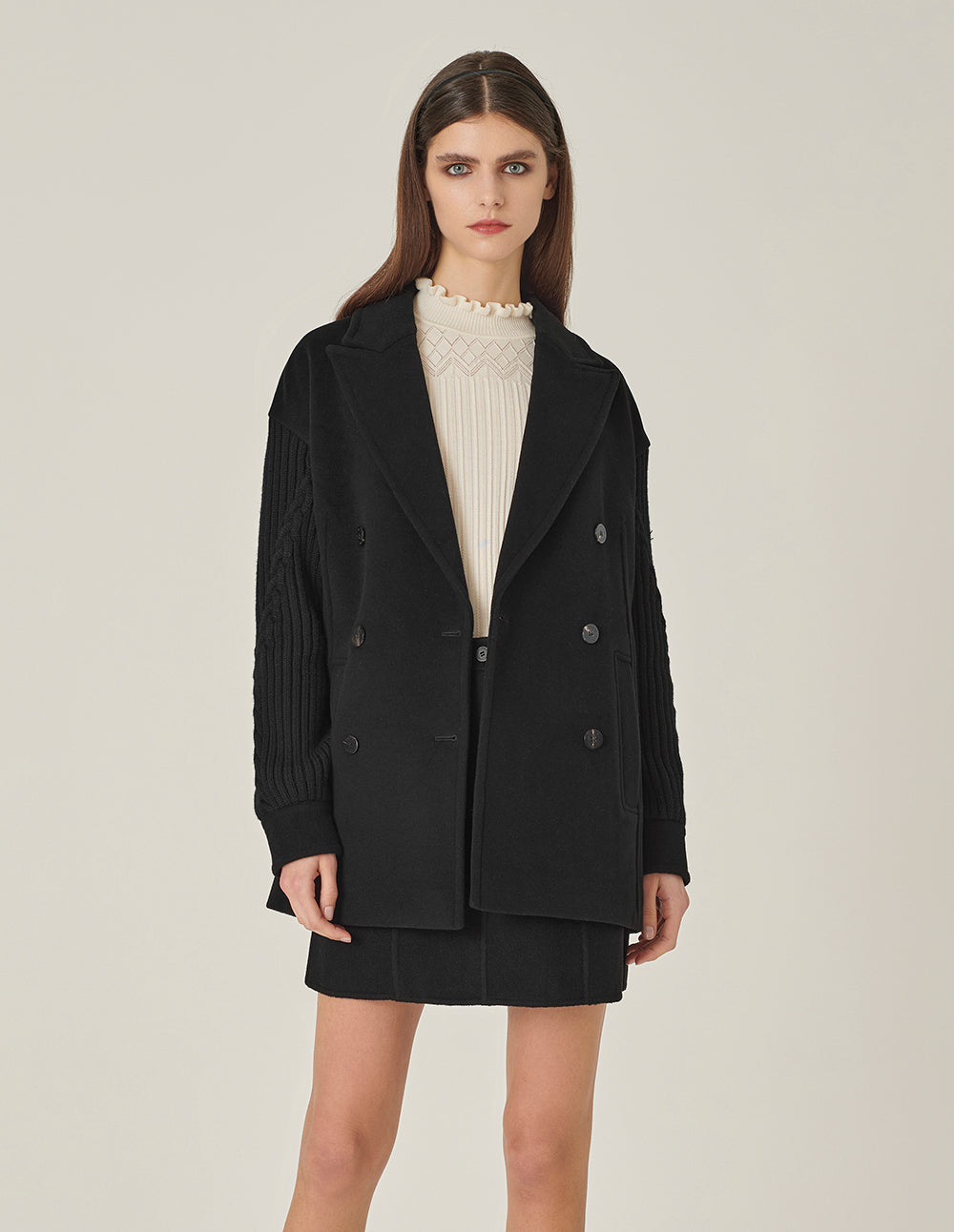 MARYLING Black Peak Lapel Double-Breasted Woolen-Sleeve Coat