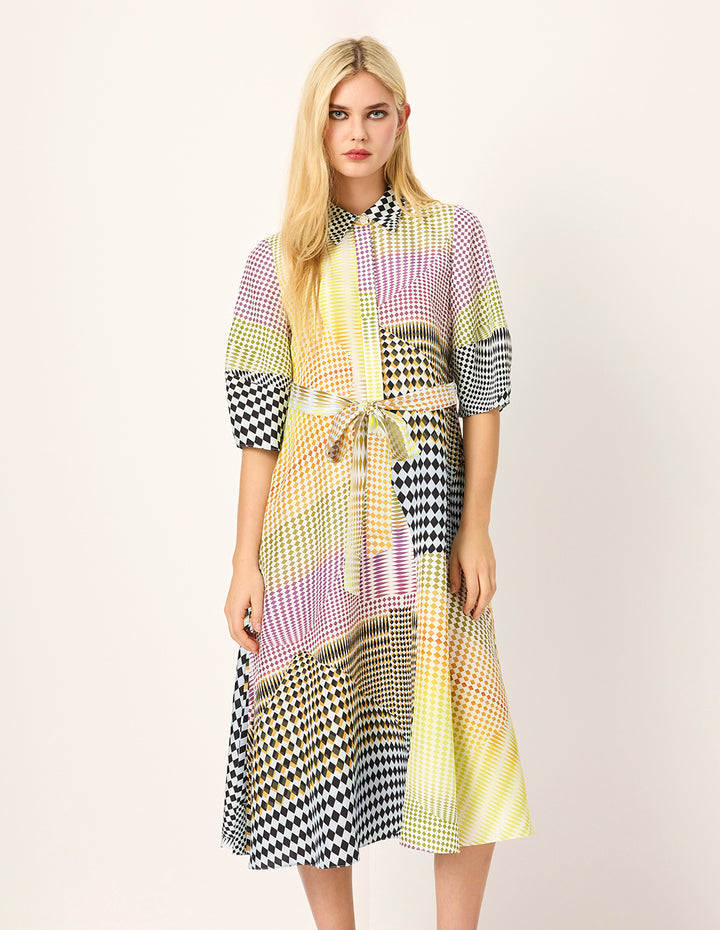MARYLING Color Block Rhombus Print Short Sleeve Midi Shirt Dress