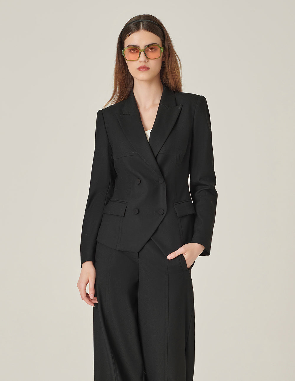 MARYLING Black Double-Breasted Faux Wool Blazer