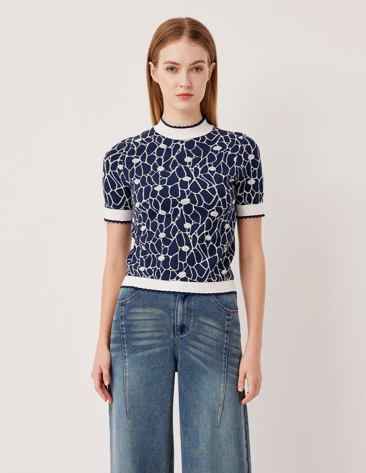 MARYLING Ruffled Half-Turtleneck Short-Sleeved Glass Bead Print Knit Pullover