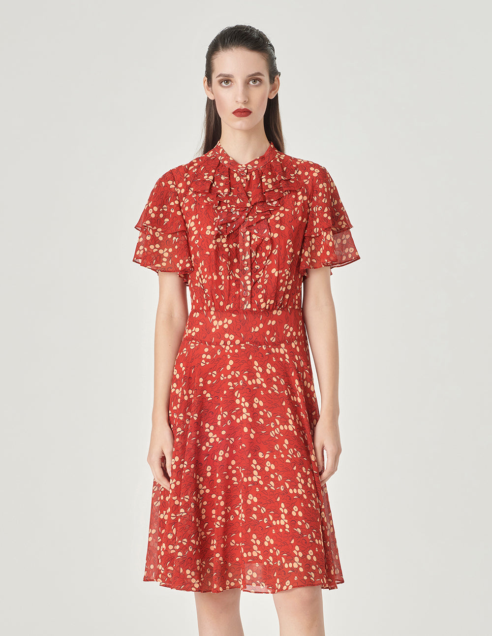 MARYLING Ruffle Bow Neck Short Sleeve Dress