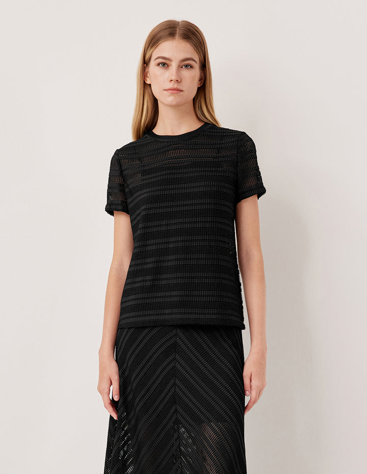 MARYLING Round Neck Short Sleeve Hollow Black Knit Top