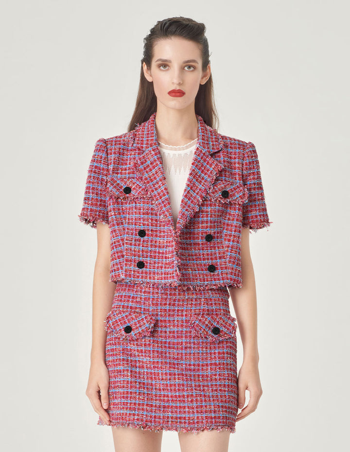 MARYLING Pink Blue Plaid Tweed Mini A Line Skirt