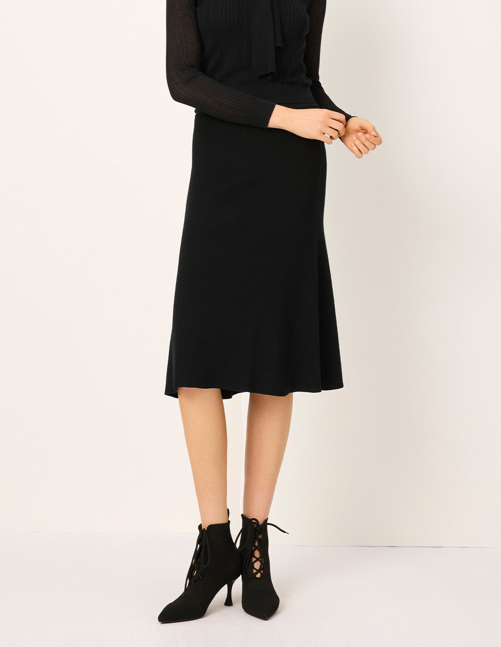 MARYLING Trumpet Knee-Length Ribbed Knit Midi Skirt