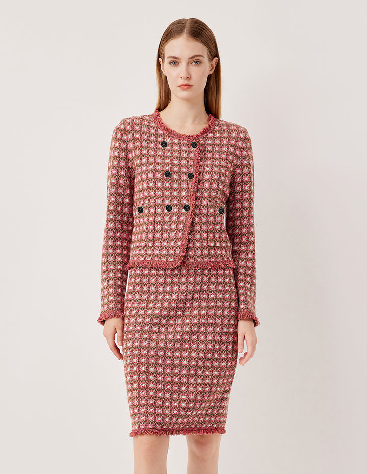 MARYLING Plaid Knit Pencil Skirt with Fringe Hem