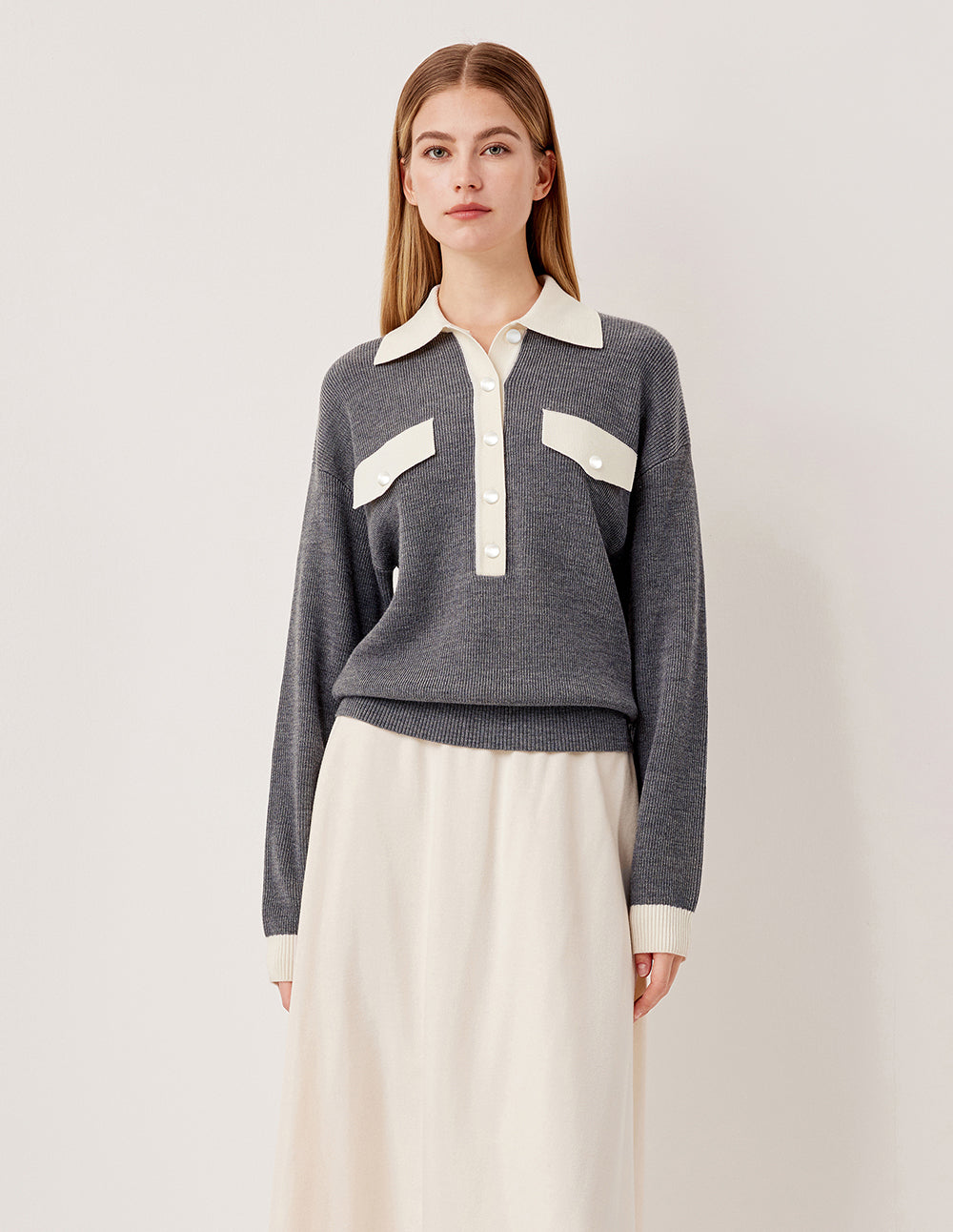 MARYLING Collar Ribbed Knit 100% Wool Pullover