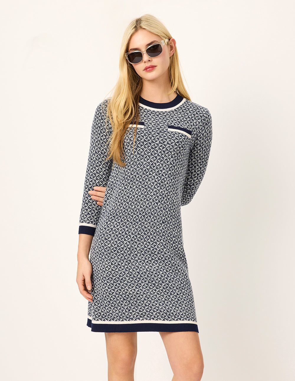 MARYLING Blue & White Trimmed Wool Knit Midi Shift Dress