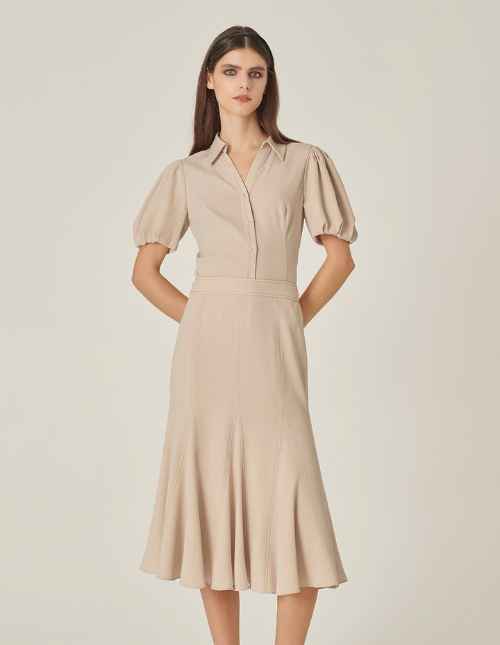 MARYLING V-Neck Puff Sleeve Waist Apricot Top