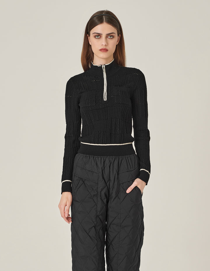 MARYLING Half-High Collar White-Striped Zipper Knitted Sweater