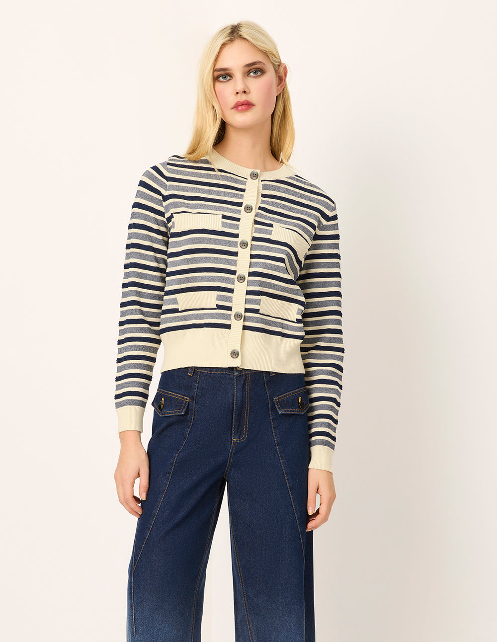 MARYLING Round Neck Long Sleeve Striped Mutil-Pockets Cardigan