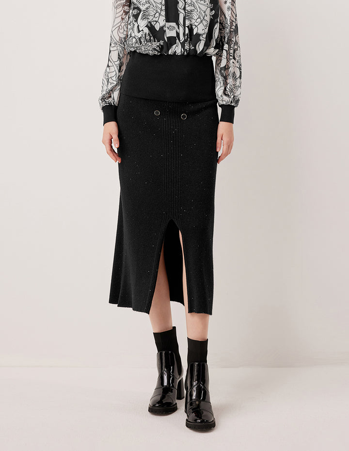 MARYLING High-Waisted Ribbed Wool Midi Skirt with Double Buttons