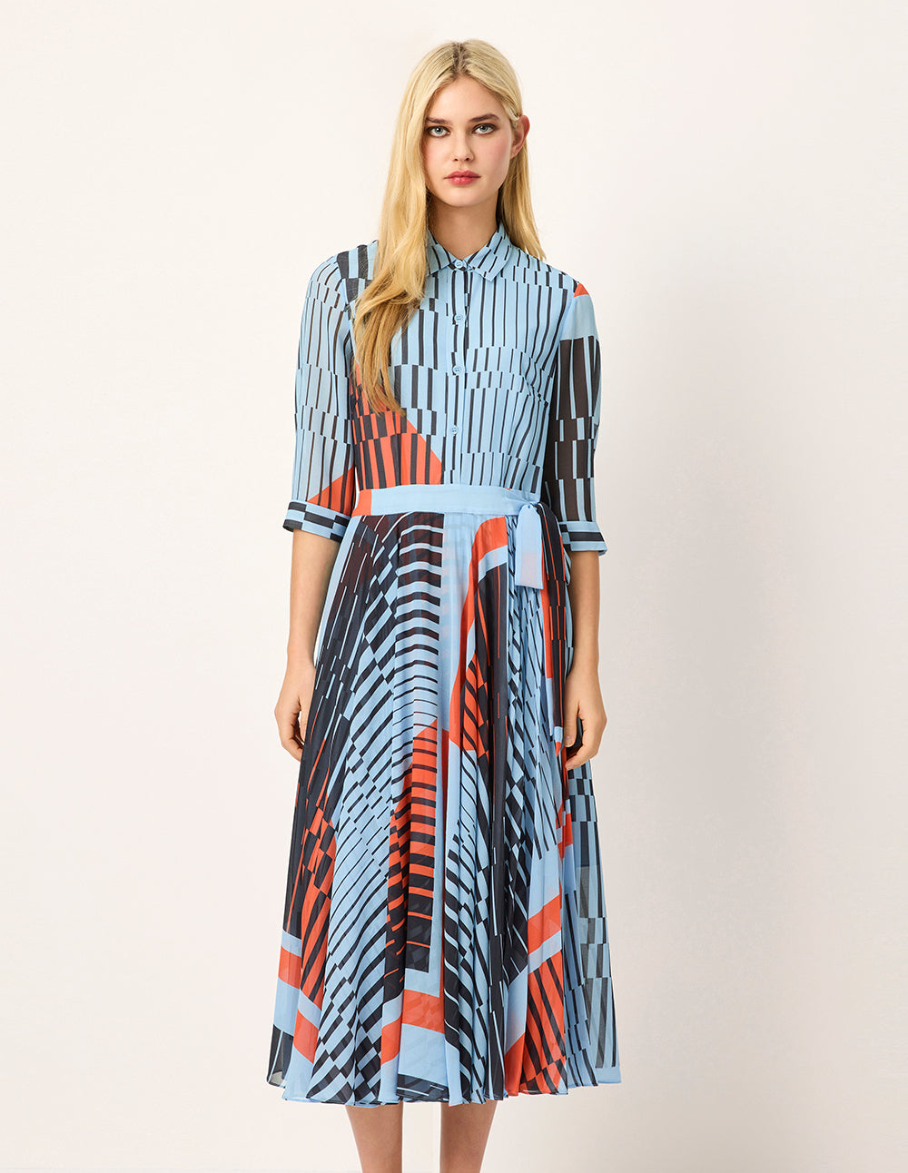 MARYLING Asymmetric Paisley Print Belted Pleated Midi Shirt Dress