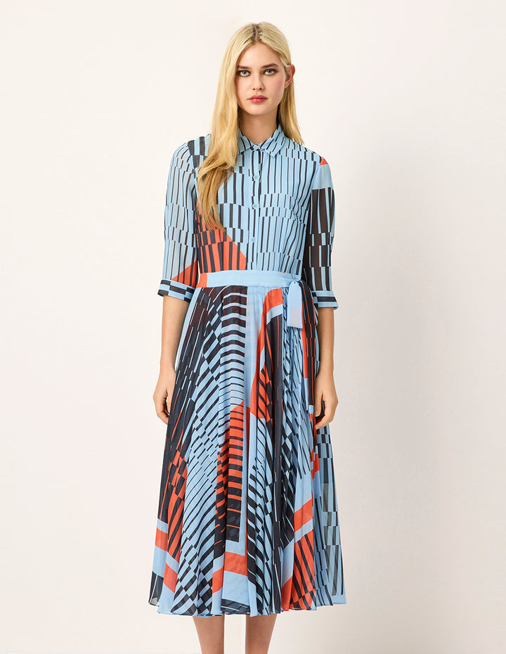 MARYLING Asymmetric Paisley Print Belted Pleated Midi Shirt Dress