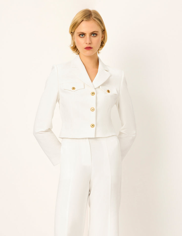 MARYLING Peaked Lapel Long-Sleeve single-breasted Tweed Cropped Blazer