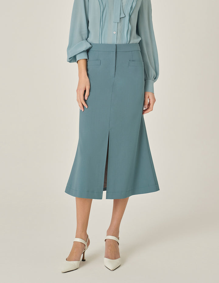MARYLING Mist Blue Mid-Front Slit Knee-Length A-Line Skirt