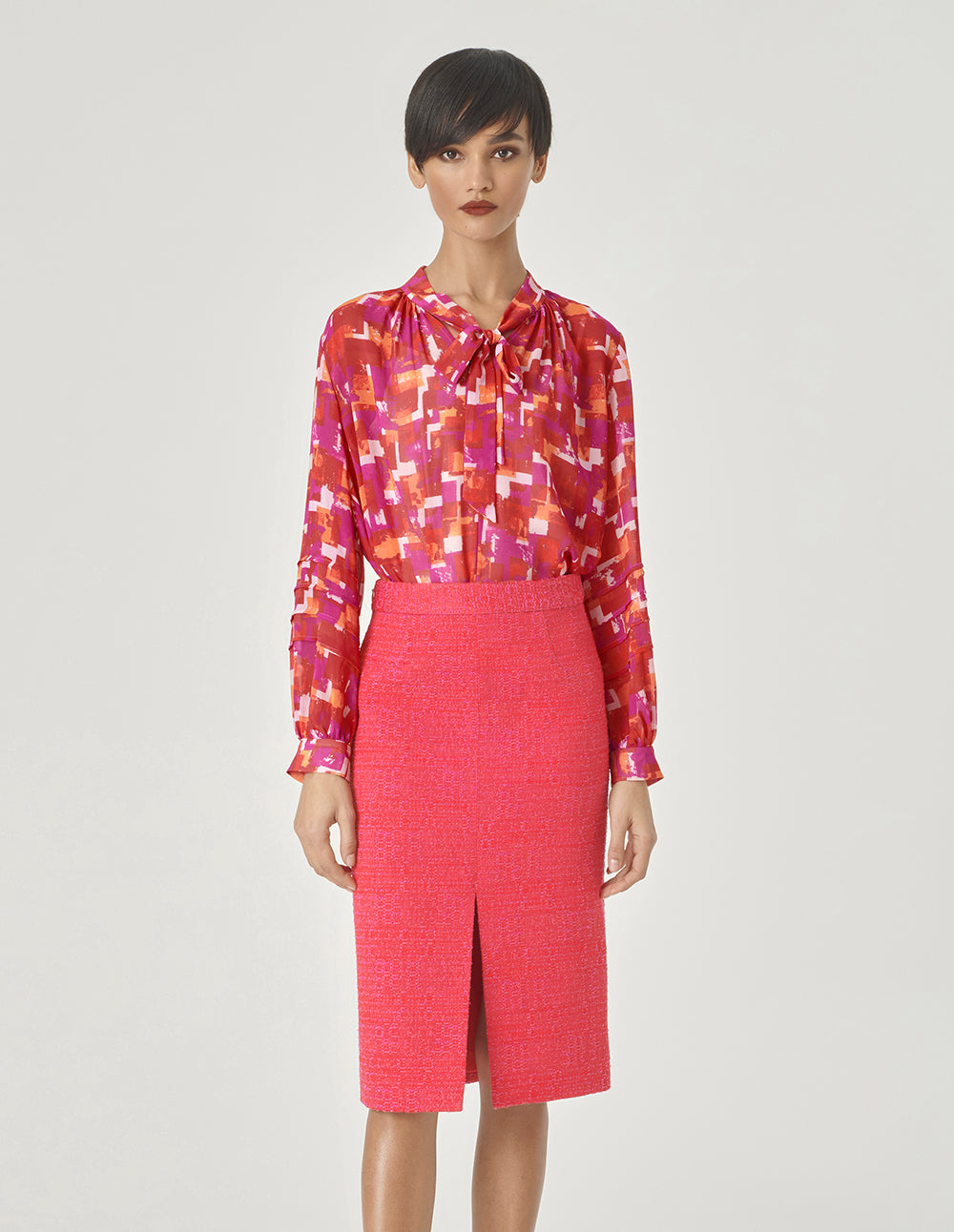 MARYLING Pink Checkered Bow Tie Printed Blouse