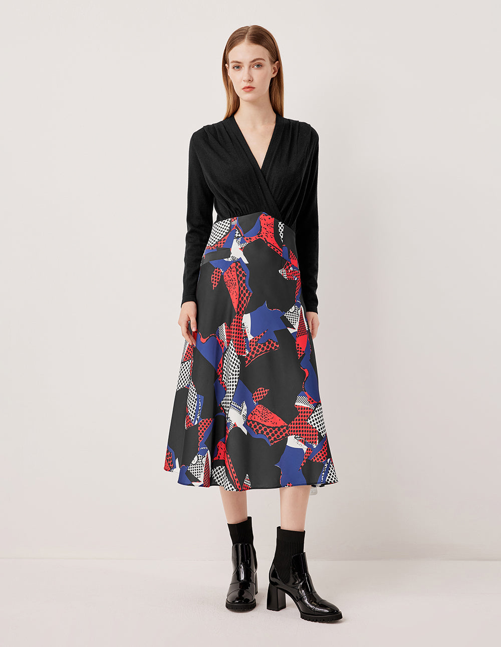 MARYLING V-Neck Long Sleeve Patchwork Printed Knit Dress