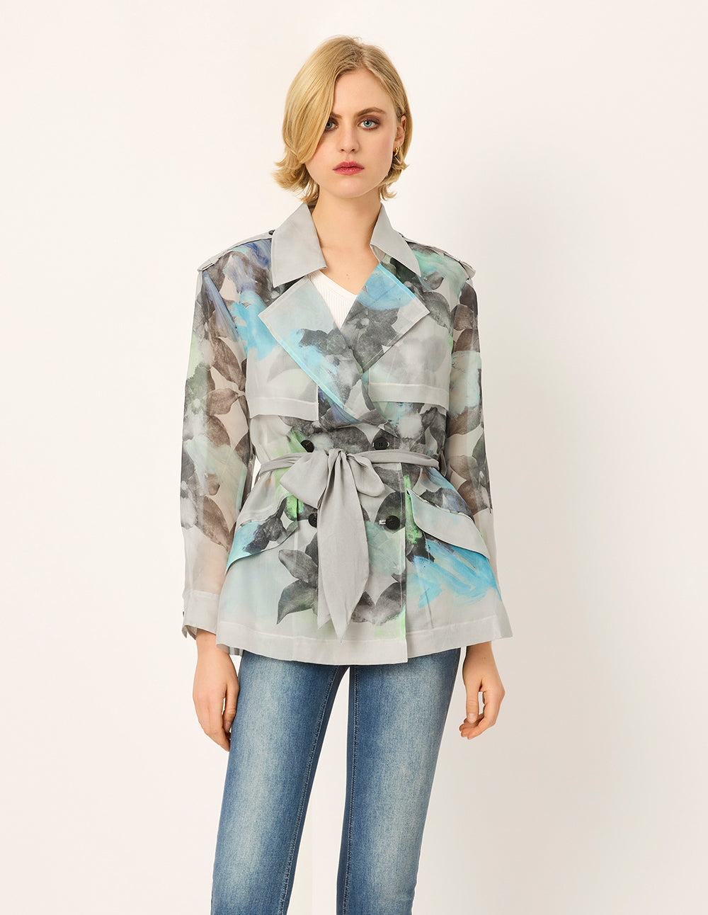 MARYLING Peaked Lapel Collar Oil Painting Tie-Waist Mid-Length Windbreaker