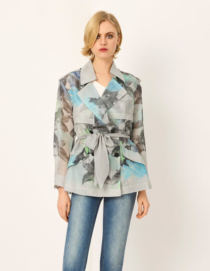 MARYLING Peaked Lapel Collar Oil Painting Tie-Waist Mid-Length Windbreaker