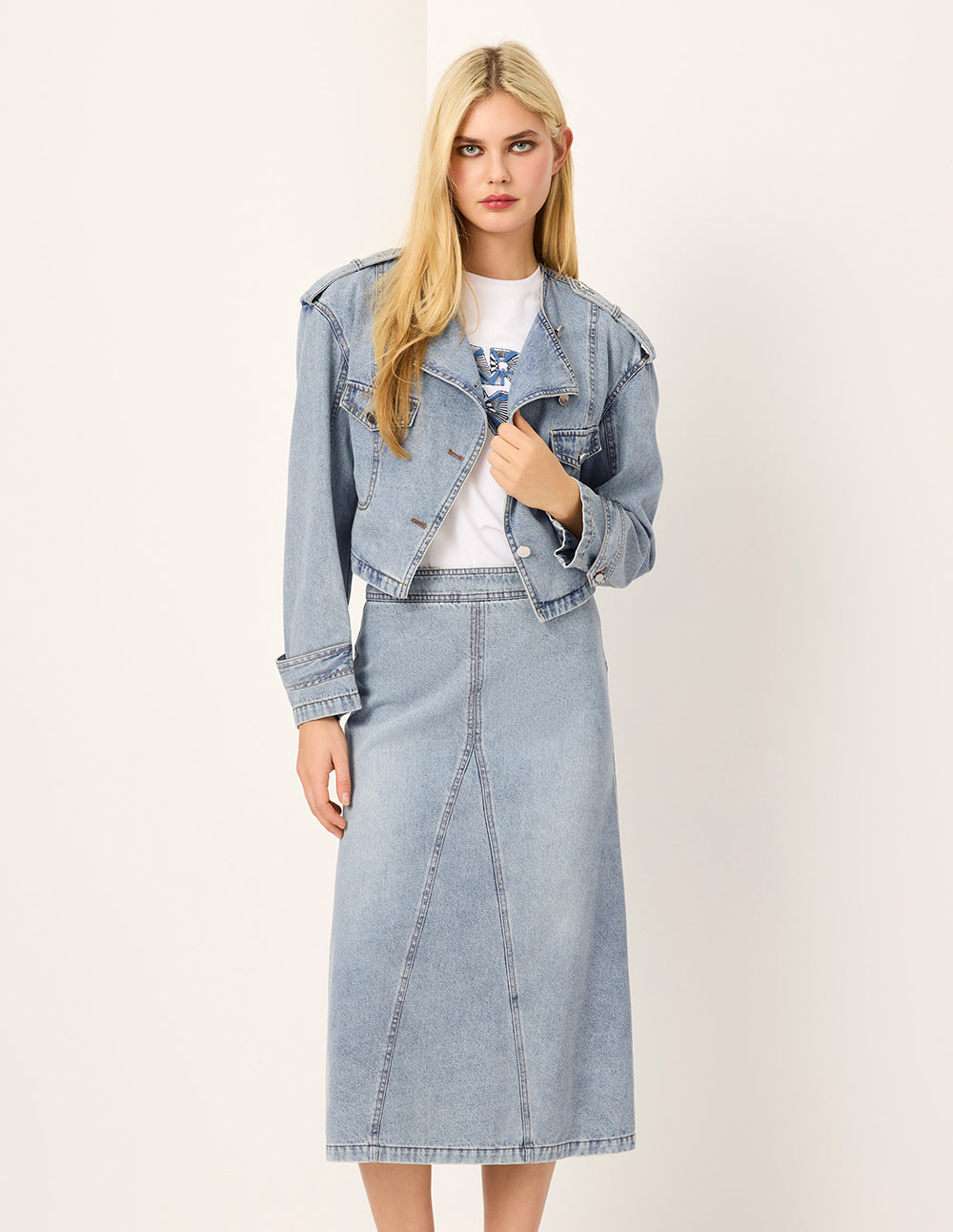 MARYLING Round-Neck Diagonal-Breasted Washed Denim Biker Jacket