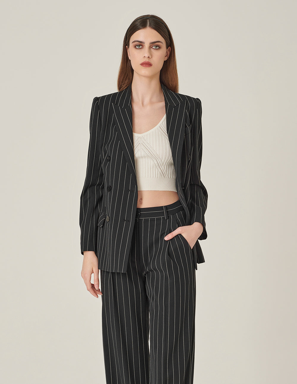 MARYLING Striped Lapel Collar Double-Breasted Blazer