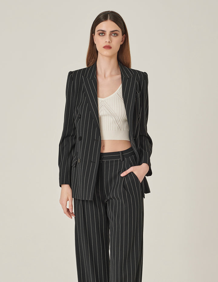 MARYLING Striped Lapel Collar Double-Breasted Blazer