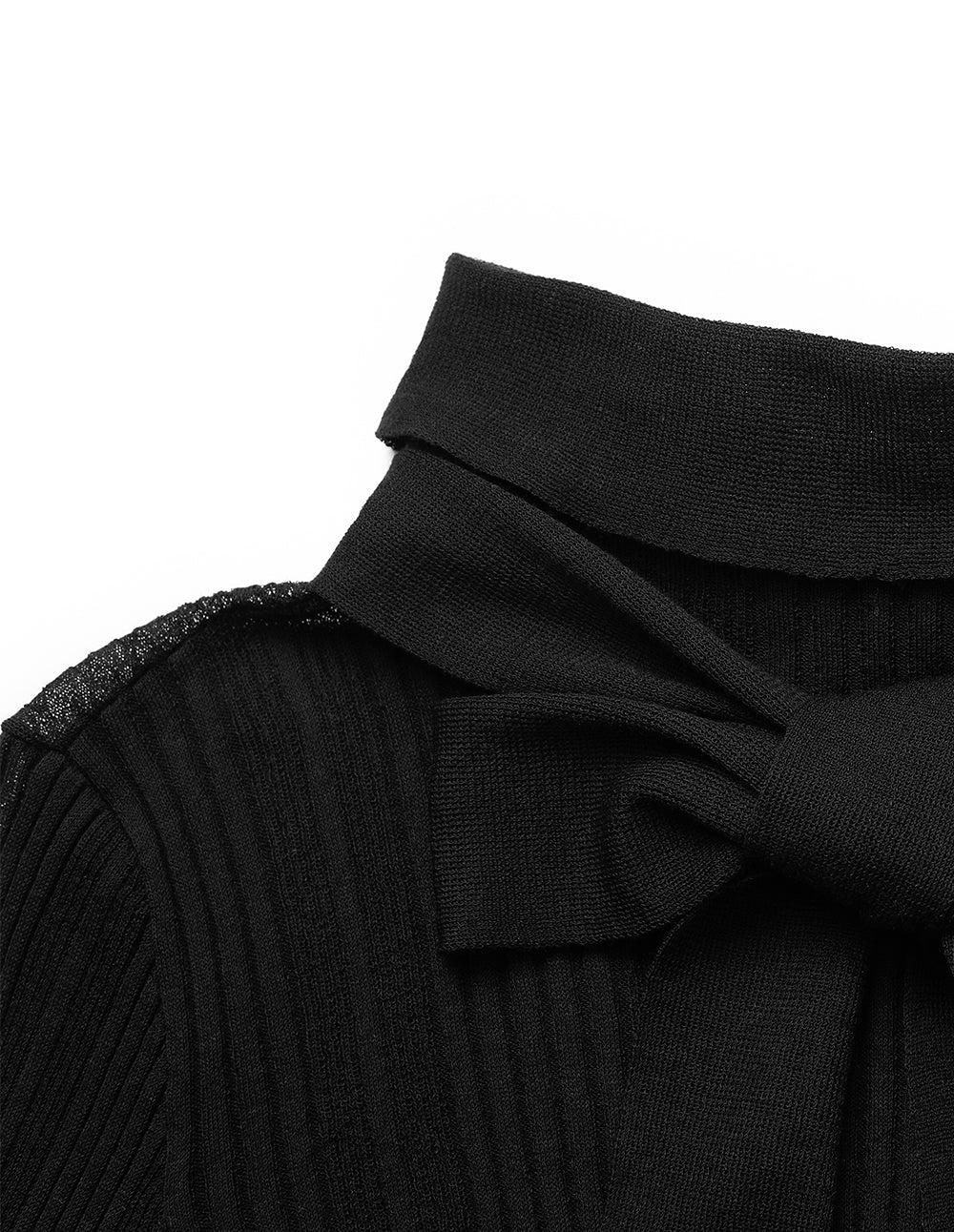 MARYLING High-Collar Tie-Front Long-Sleeve Fitted Black Thin-Pullover