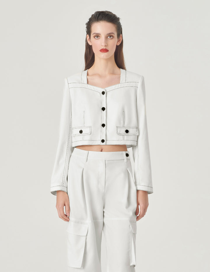 MARYLING White Contrast Topstitched Short Jacket