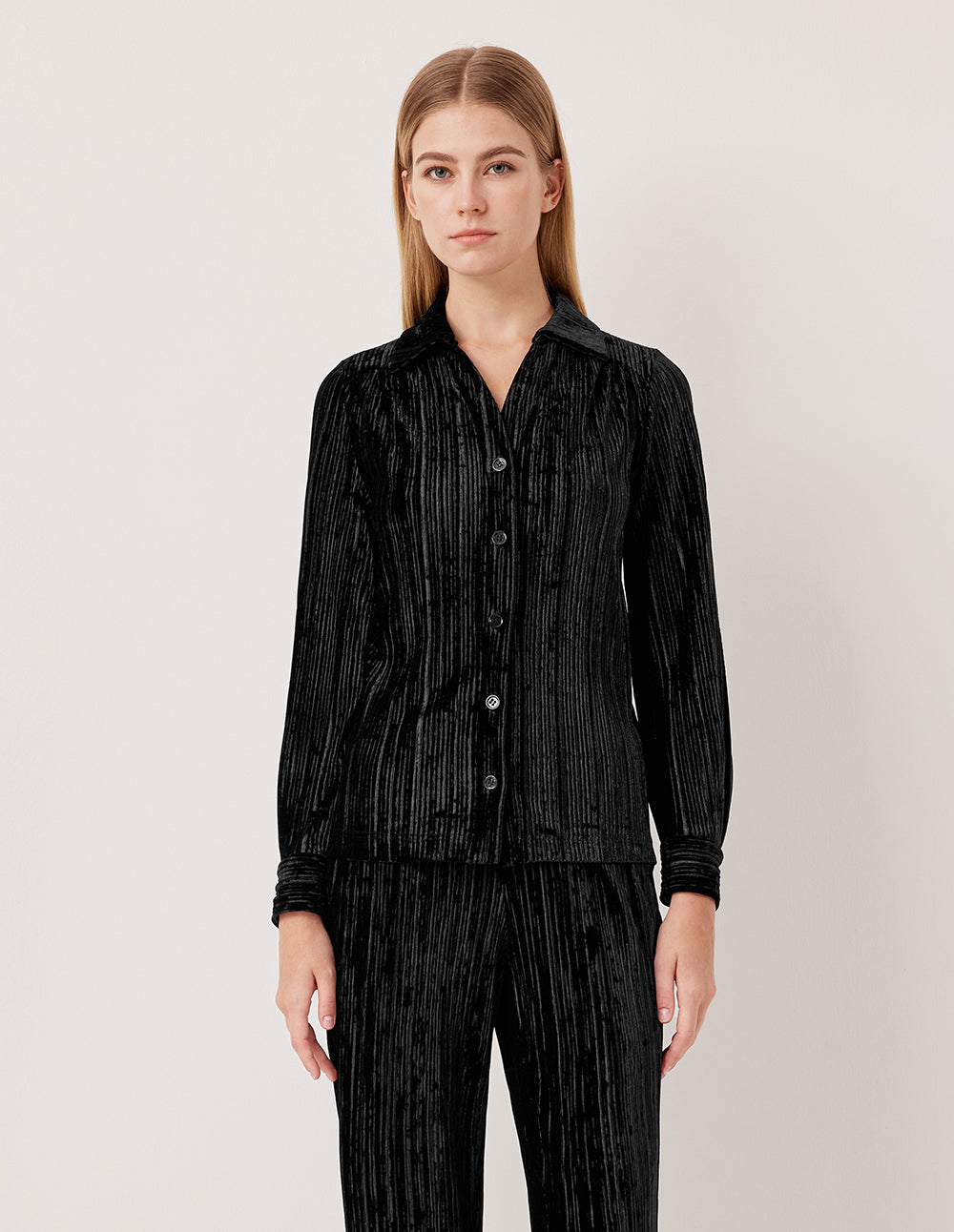 MARYLING Long Sleeve Pin-Tuck Velvet Blouse