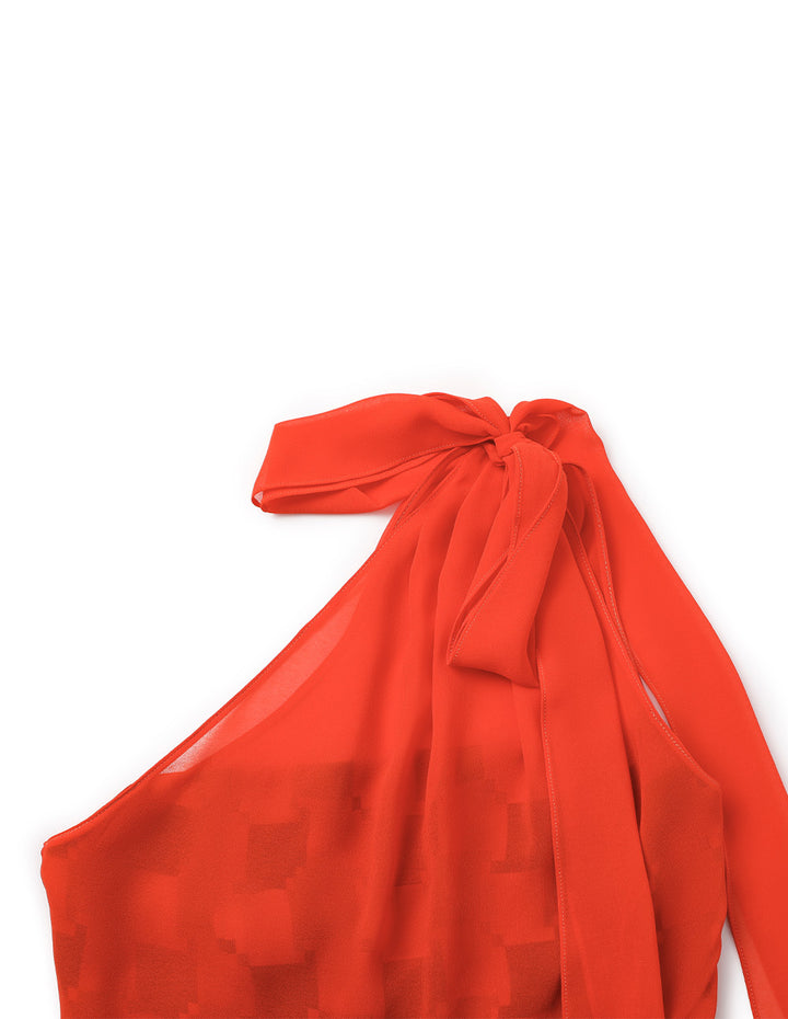 MARYLING One-Shoulder Asymmetric Empire-Waist Pleated Houndstooth Midi Dress